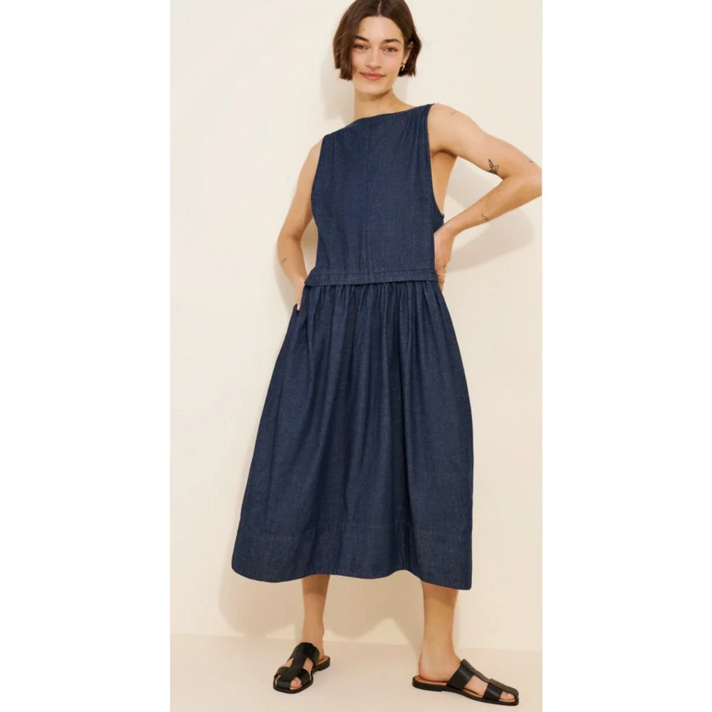 NEW FREE PEOPLE DARK WASH SORAYA DENIM MIDI DRESS SZ S
